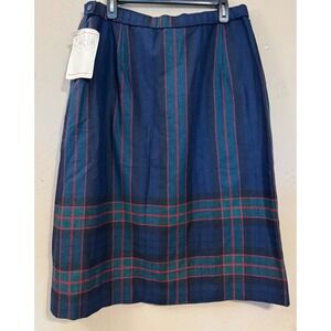 Koret Career Plaid Midi Skirt Women 34 Navy Blue Wool Blend Vintage USA NEW